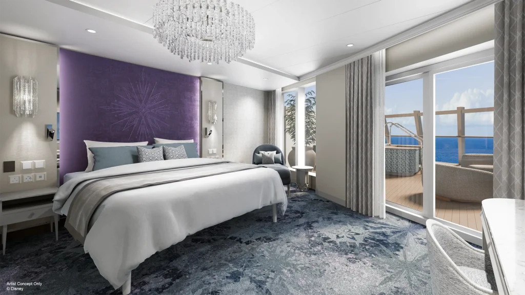 Luxury cruise stateroom with king bed, purple headboard, chandelier, private balcony, ocean view, cozy seating, and elegant modern decor.