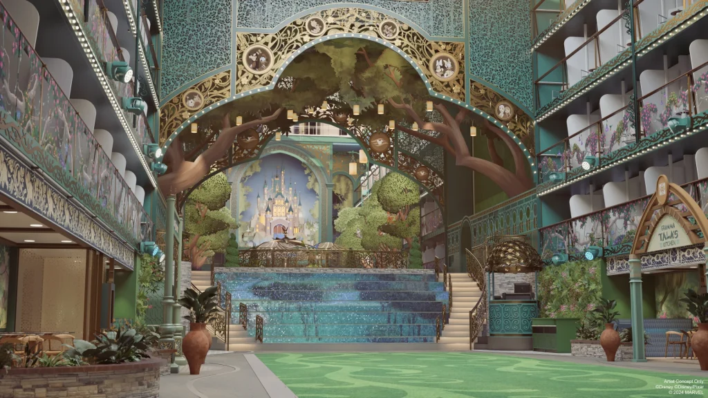 fantasy-themed indoor space featuring ornate balconies and arches, a mural depicting a majestic castle, and lush greenery throughout