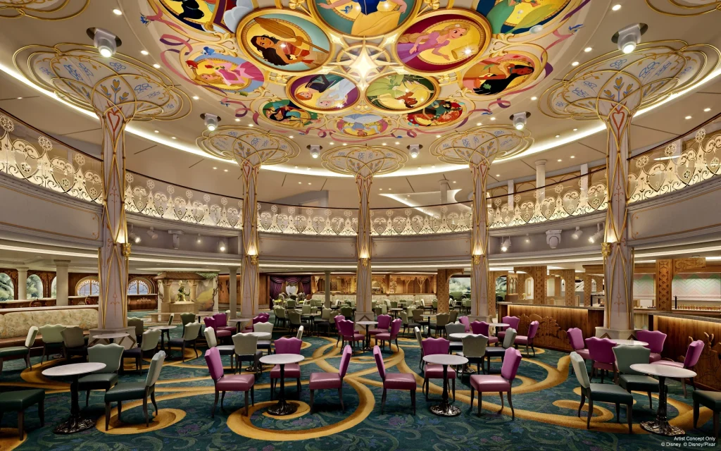 Luxurious cruise ship dining room with vibrant decor, featuring elegant tables and chairs, decorative columns, and an intricately designed ceiling with colorful circular art. Ideal for a magical dining experience at sea.