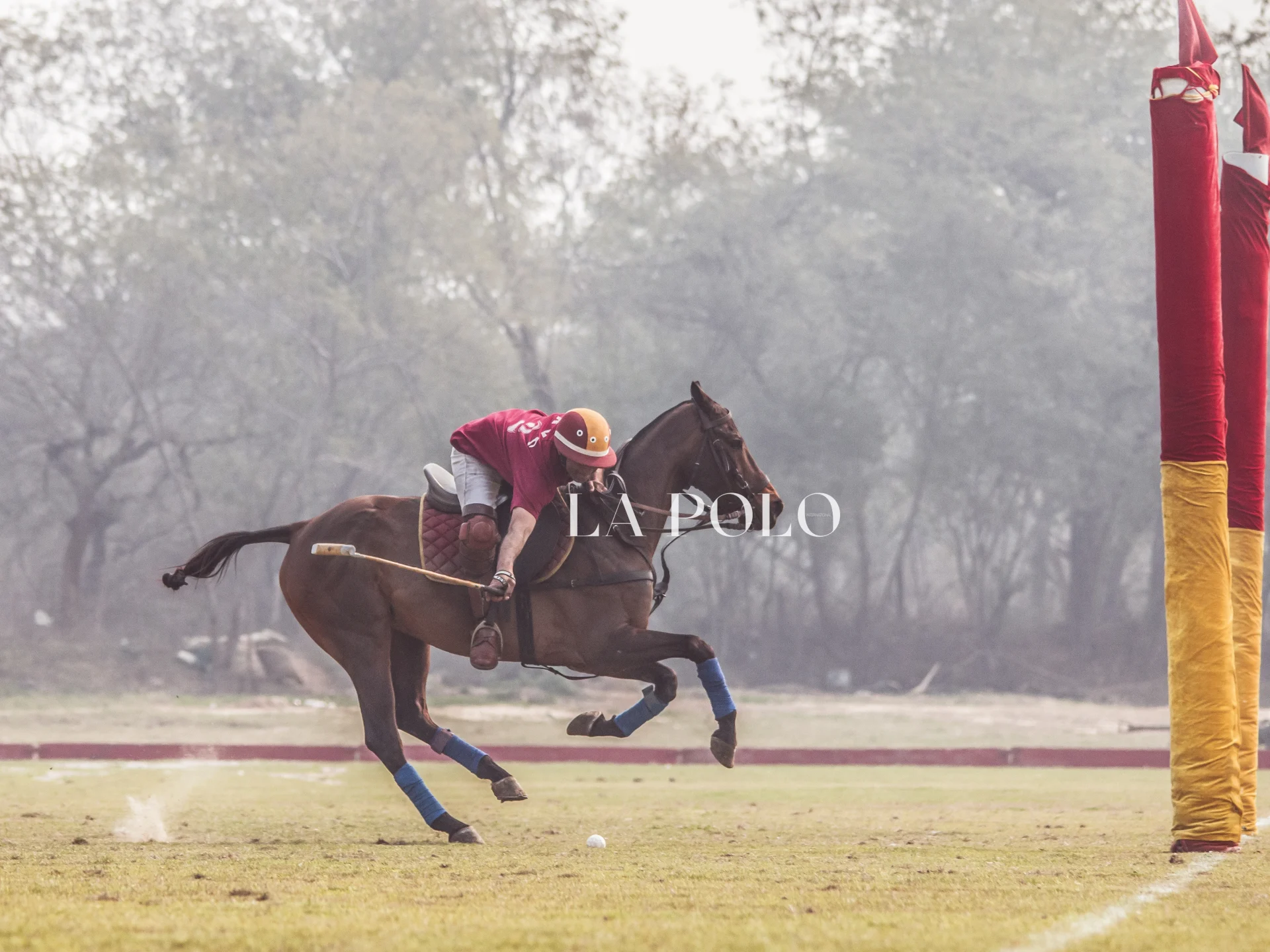 Action-packed polo match with two players striking the ball, while another rider approaches in a lush green field.