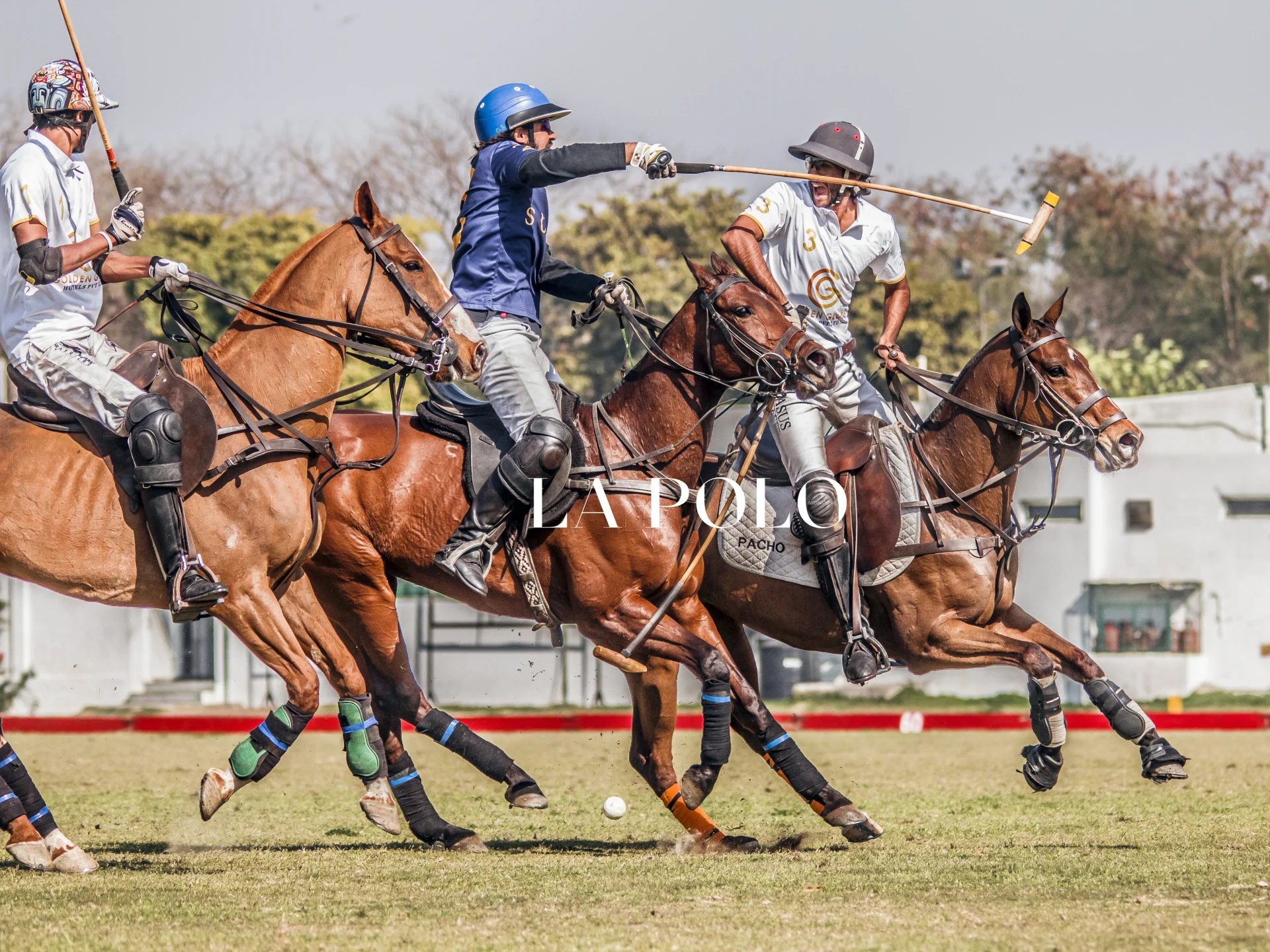 Three polo players on horseback compete in a match, actively swinging mallets, while a polo ball rolls on the grassy field.